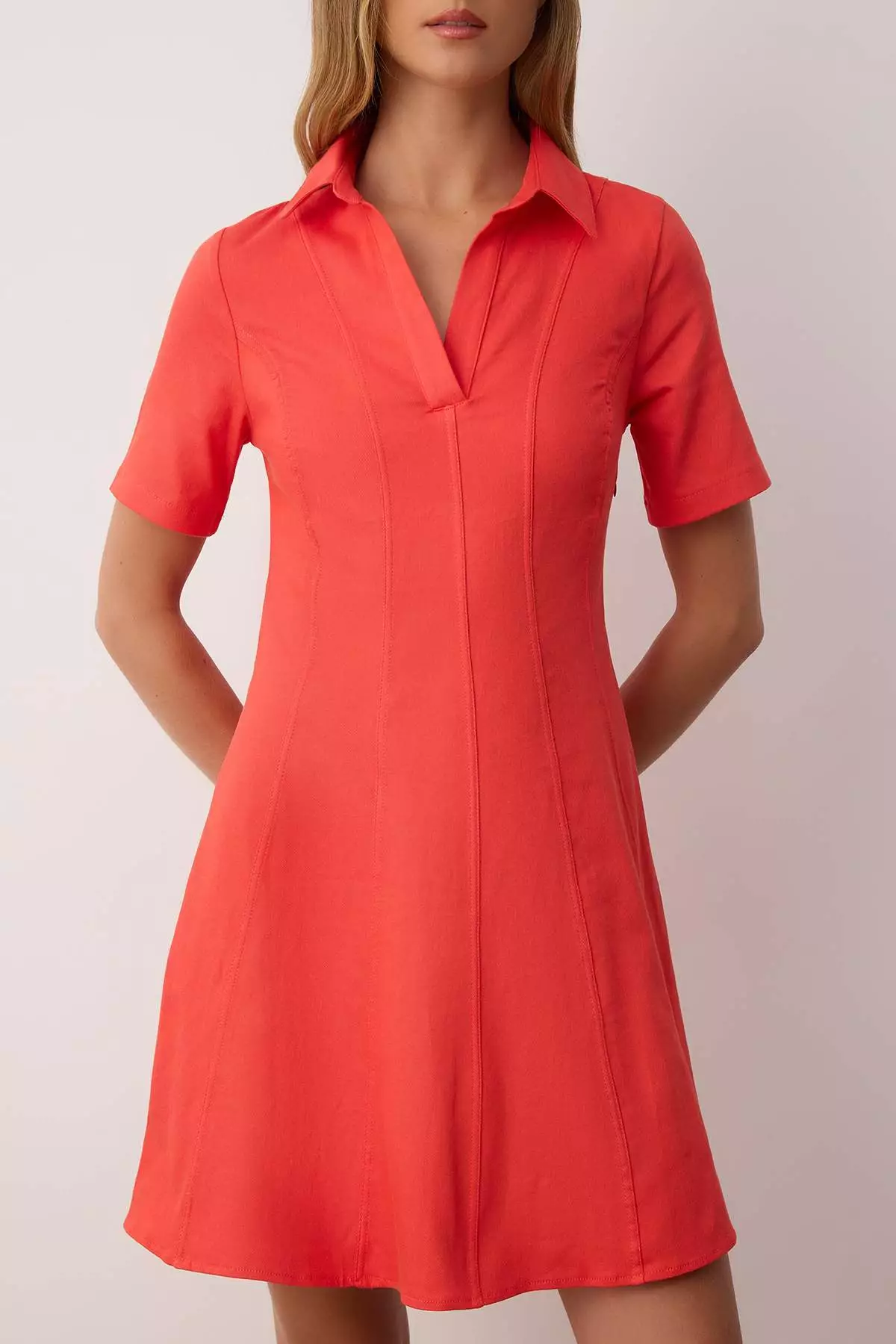 Red Straight Skirt Waist Opening Stitching Detail Mini Dress