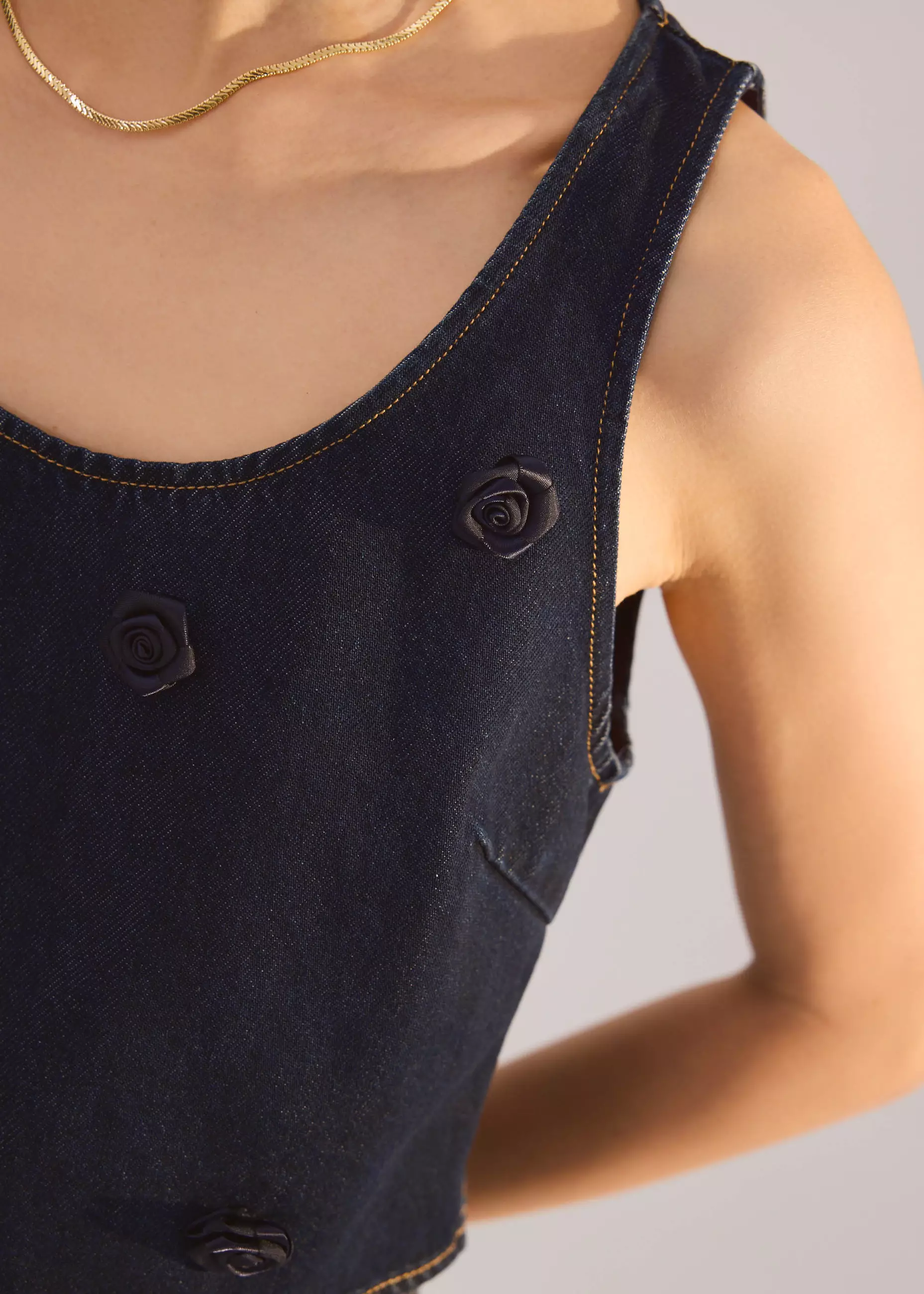 Atasan Wanita - Denim Rosette Boxy Crop Top