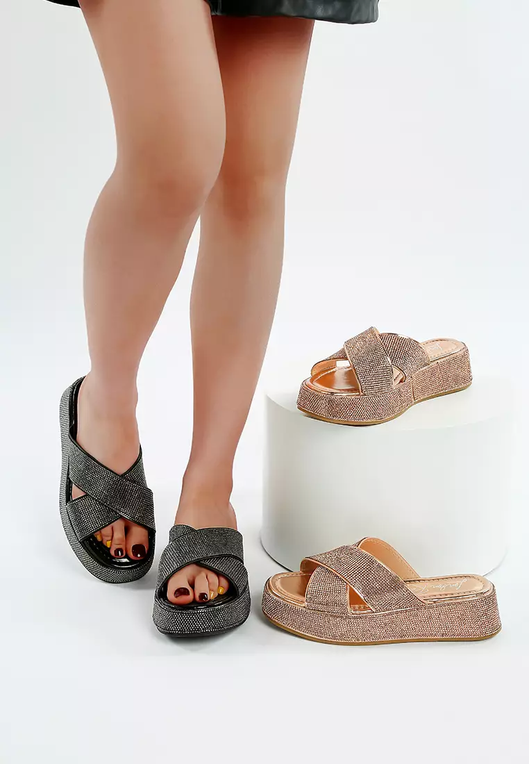 Rhinestone Embellished Flatforms In Rose Gold