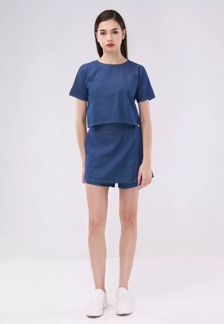 Chambray Short Sleeves Blouse/Skort Terno