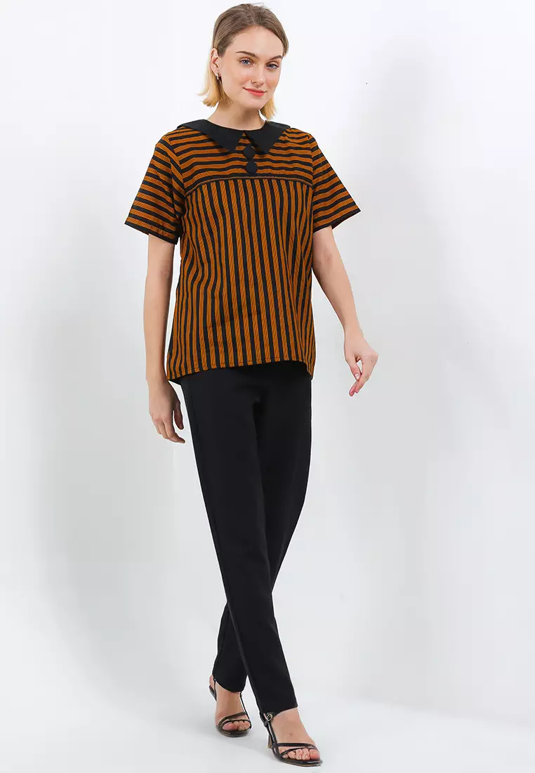 Alyssa Blouse Lurik Katun Lengan Pendek