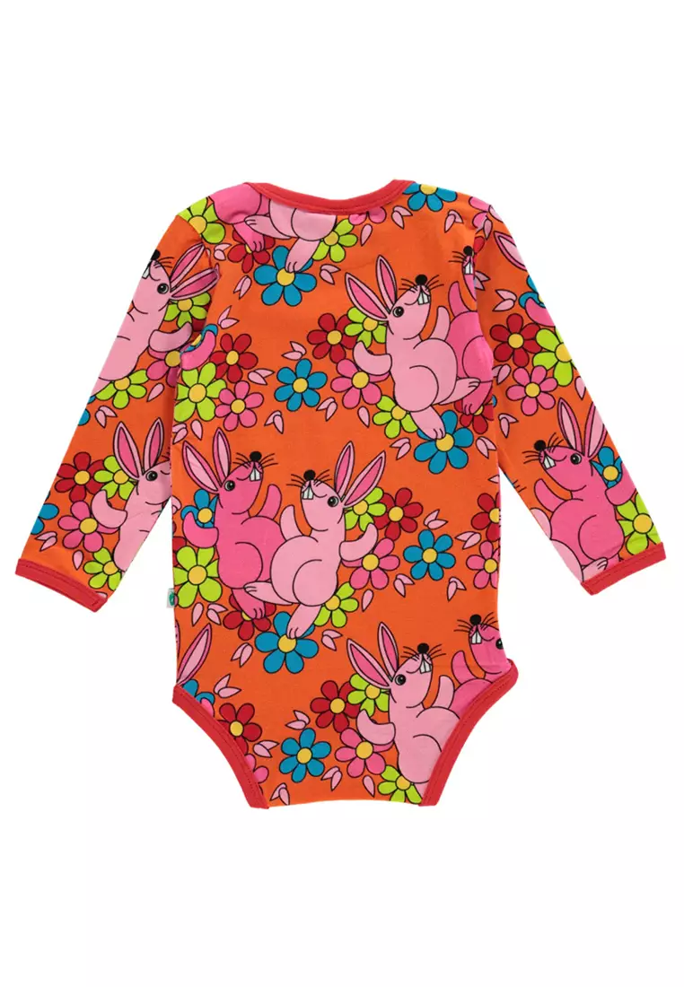 Long-sleeved baby body with rabbits and flowers