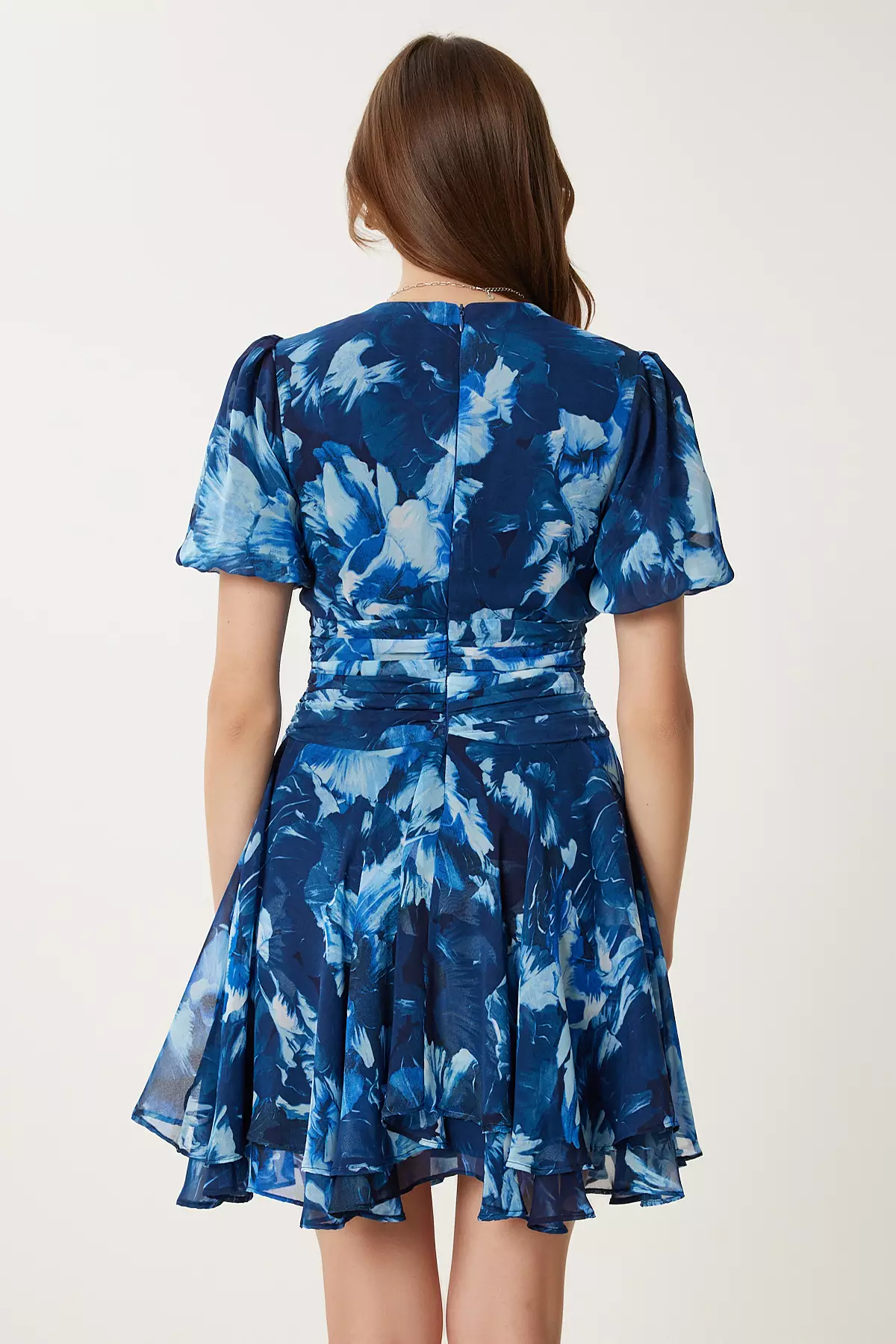 Women Navy Blue Patterned Summer Mini Chiffon Dress Fg00026