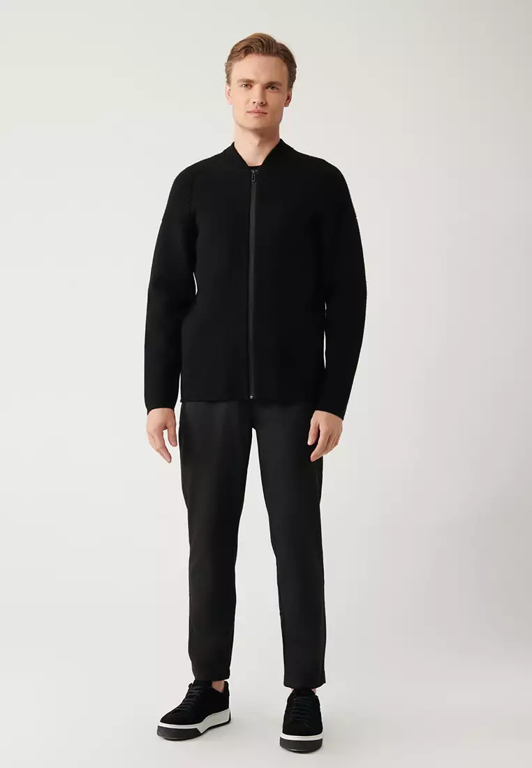 Men's Black Bomber Collar Zip Steel Knitted Knitwear Cardigan A32Y5118