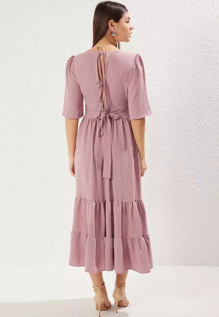 Pink Skirt Waist Opening V Neck Belted Midi Aerobin Woven Dress