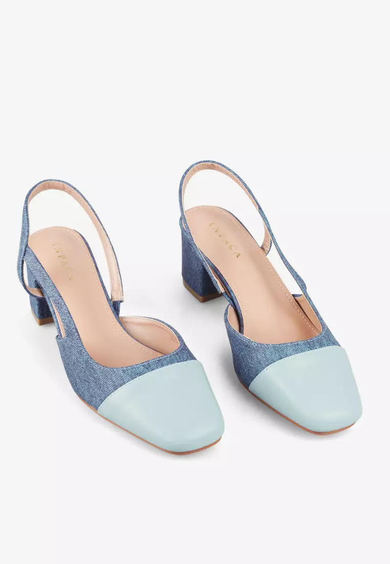Jenna Denim Sling Back Square Toe Block Heels