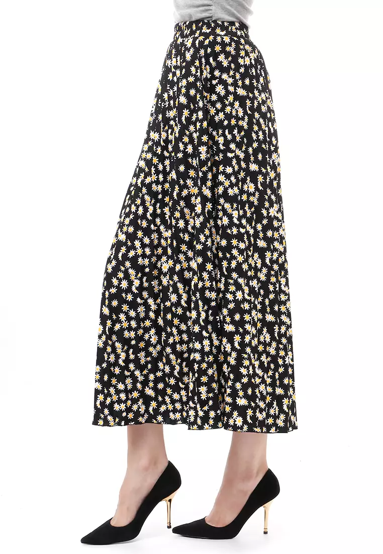 Rok Plisket Motif Print Design Vintage Rubbery Waist Bawahan Wanita - Daisy Kecil Hitam
