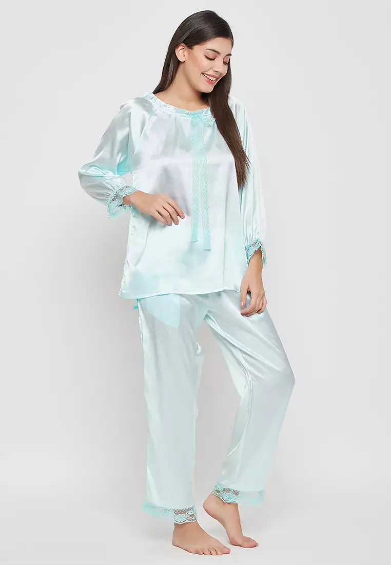 Clovia Chic Basic Top & Pyjama Set in Baby Blue - Satin