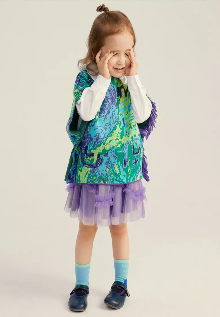 女童毛衣斗篷满底提花设计毛边针织披风