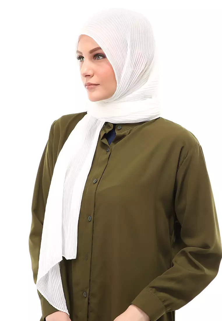 Melissa Pashmina Plisket Garis Hijab Wanita Relaxed Fit - Broken White