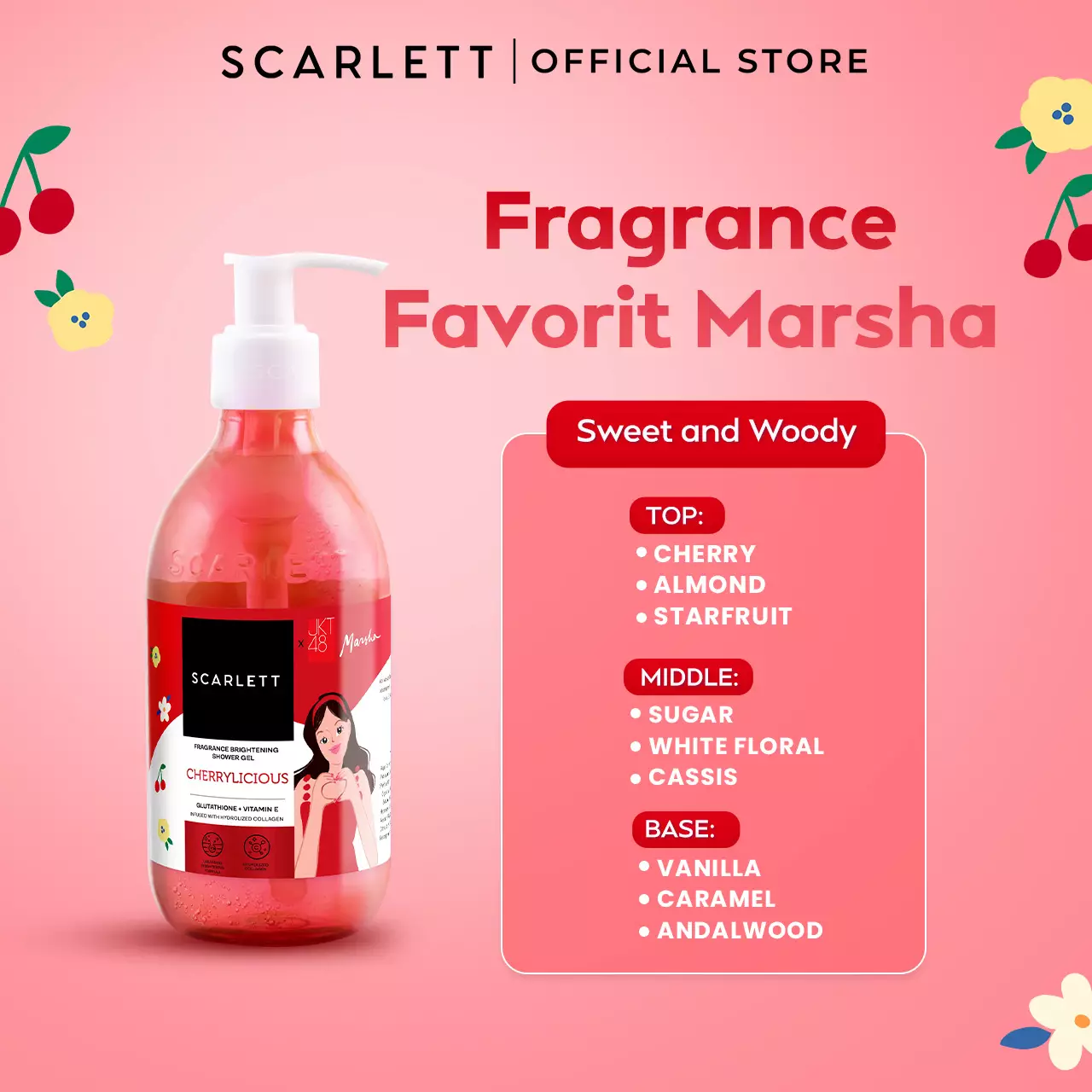 Scarlett Fragrance Brightening Shower Gel Cherrylicious | Body Wash | Sabun Mandi Cair