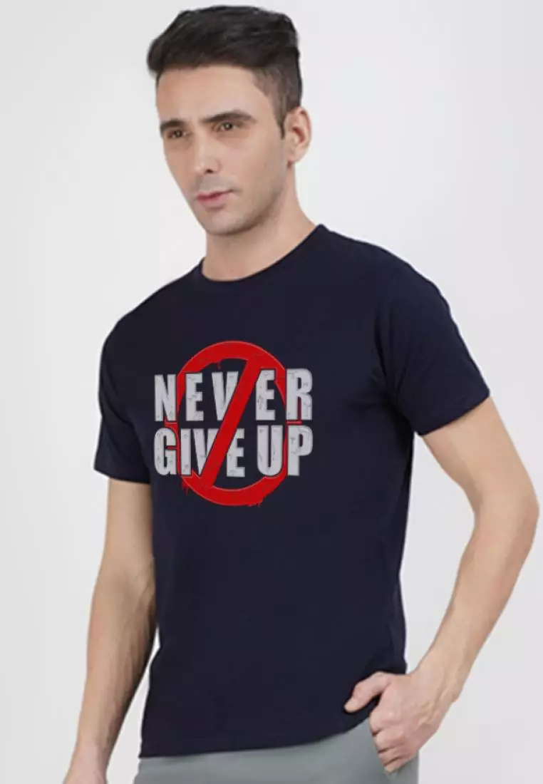 Never Give Up  Navy Blue Cotton Short Sleeve Regular Fit T-Shirt