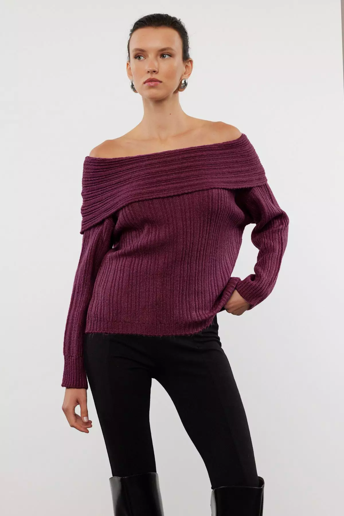 Burgundy Soft Textured Carmen Collar Knitwear Sweater