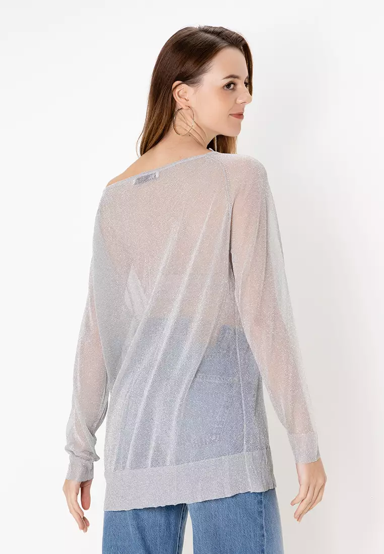 トップス Landscape Graphic Sheer KnittedTop Monki long sleeve graphic sheer knit top in dark grey | ASOS