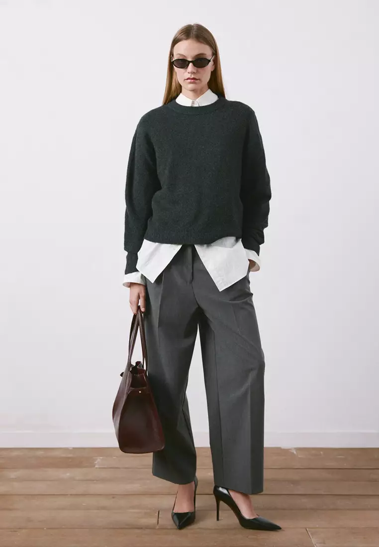 直管剪裁褶飾長褲