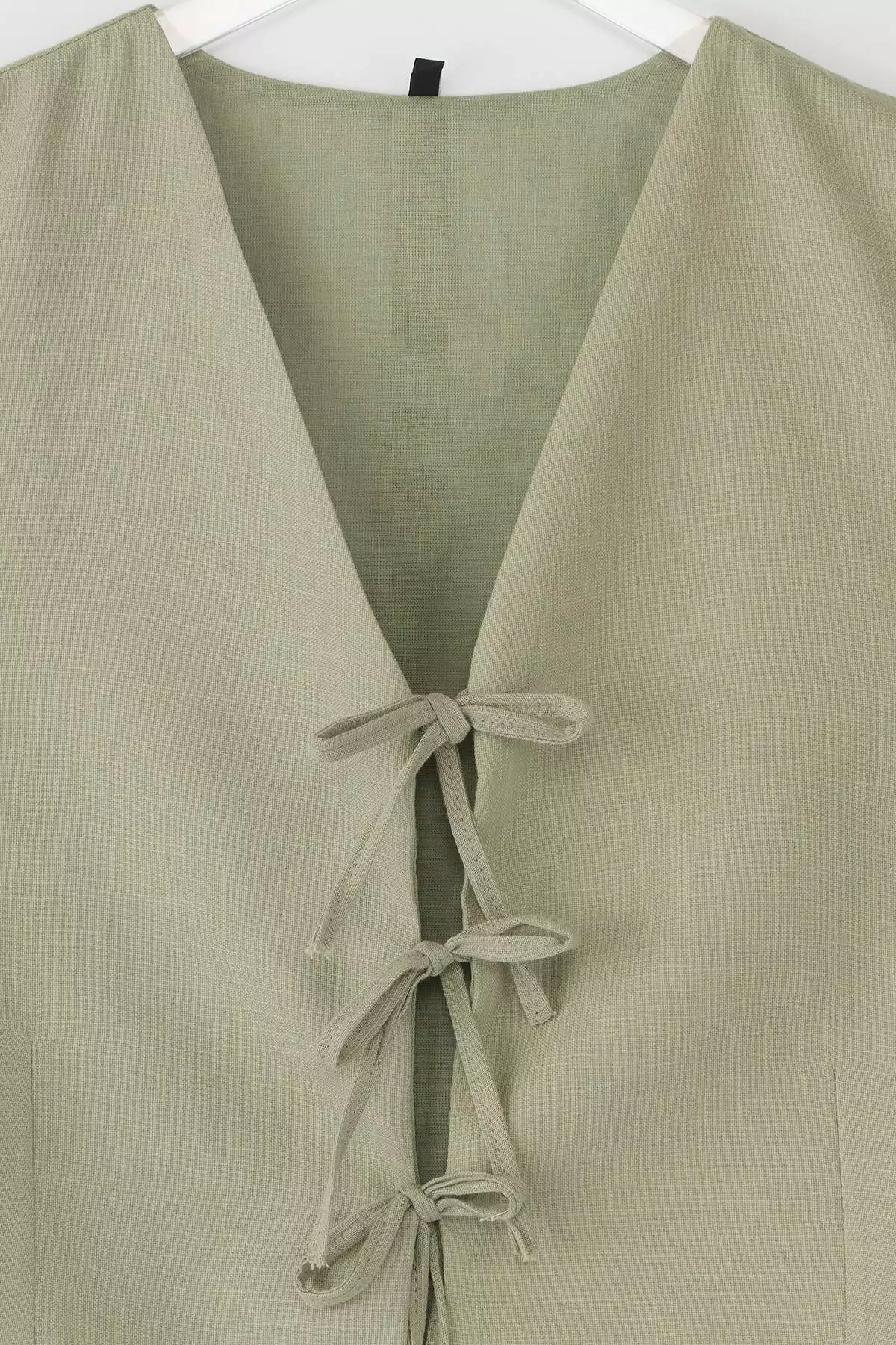 Khaki Tie Detail Linen Look Vest