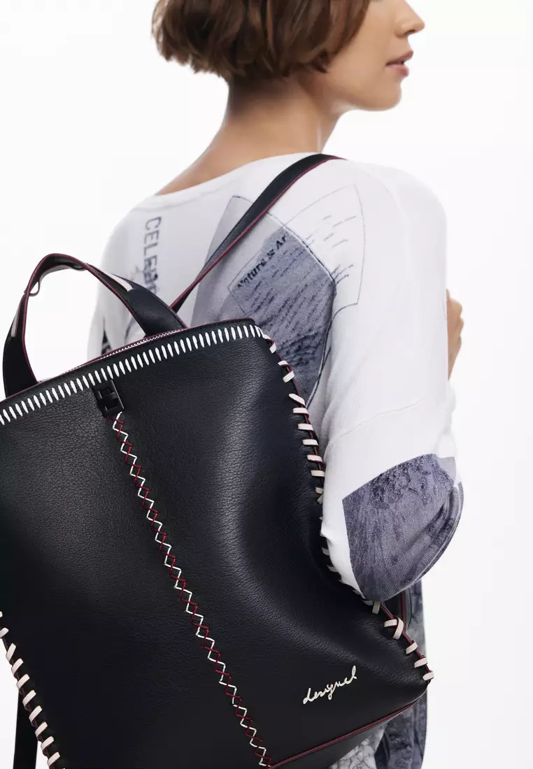 Large faux leather effect backpack with topstitching