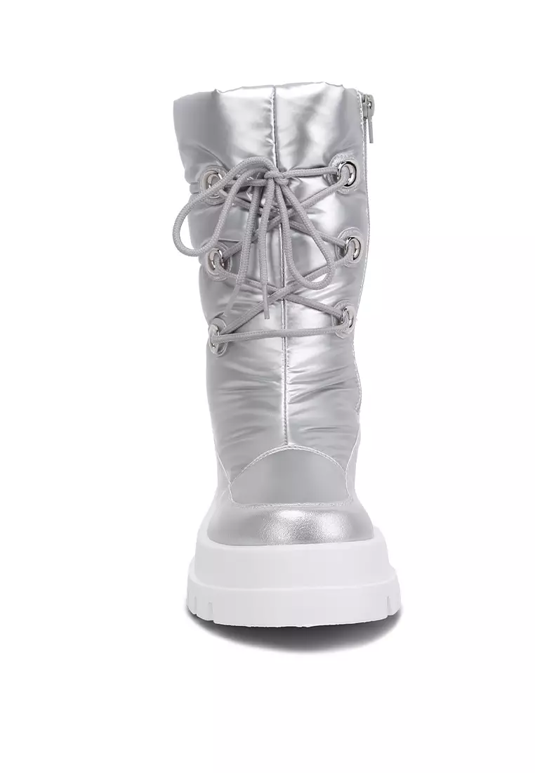 Party Faux Leather Lace Up Boots In Silver