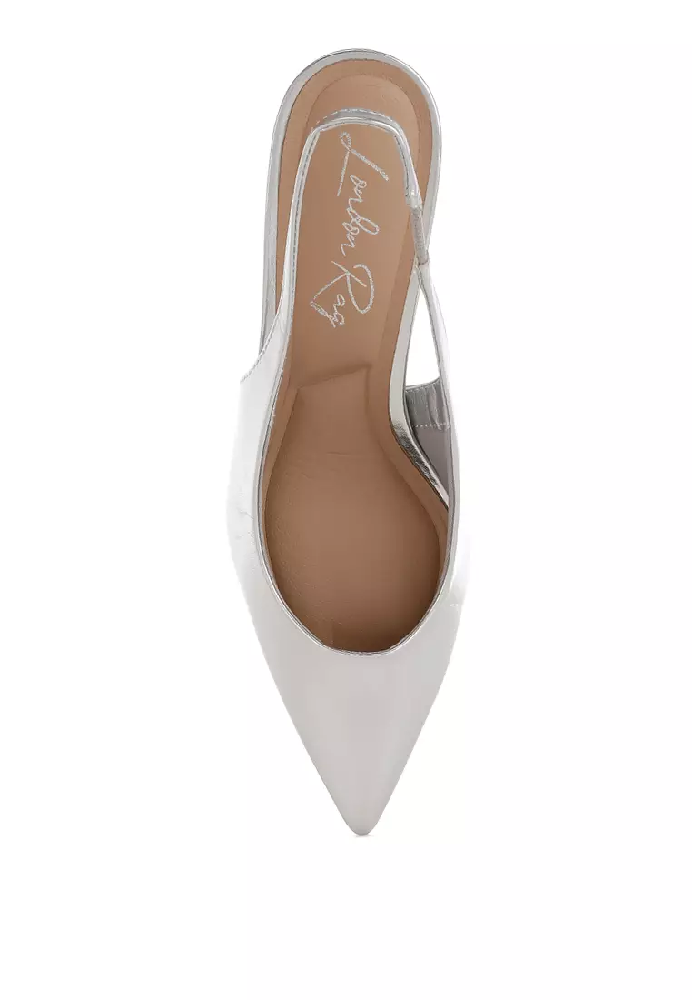 Kitten Heel Metallic Slingback Sandals in Silver