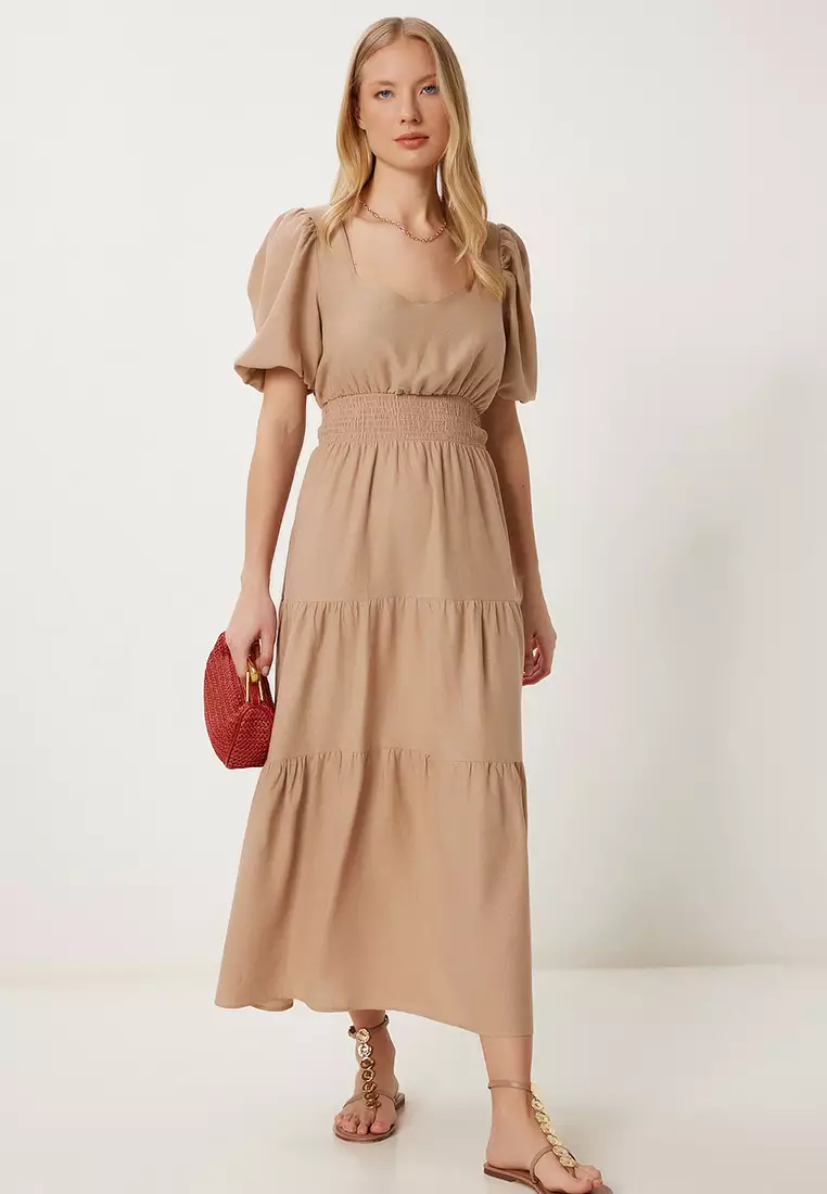 Women's Beige Flounced Midi Linen Dress Fk00013
