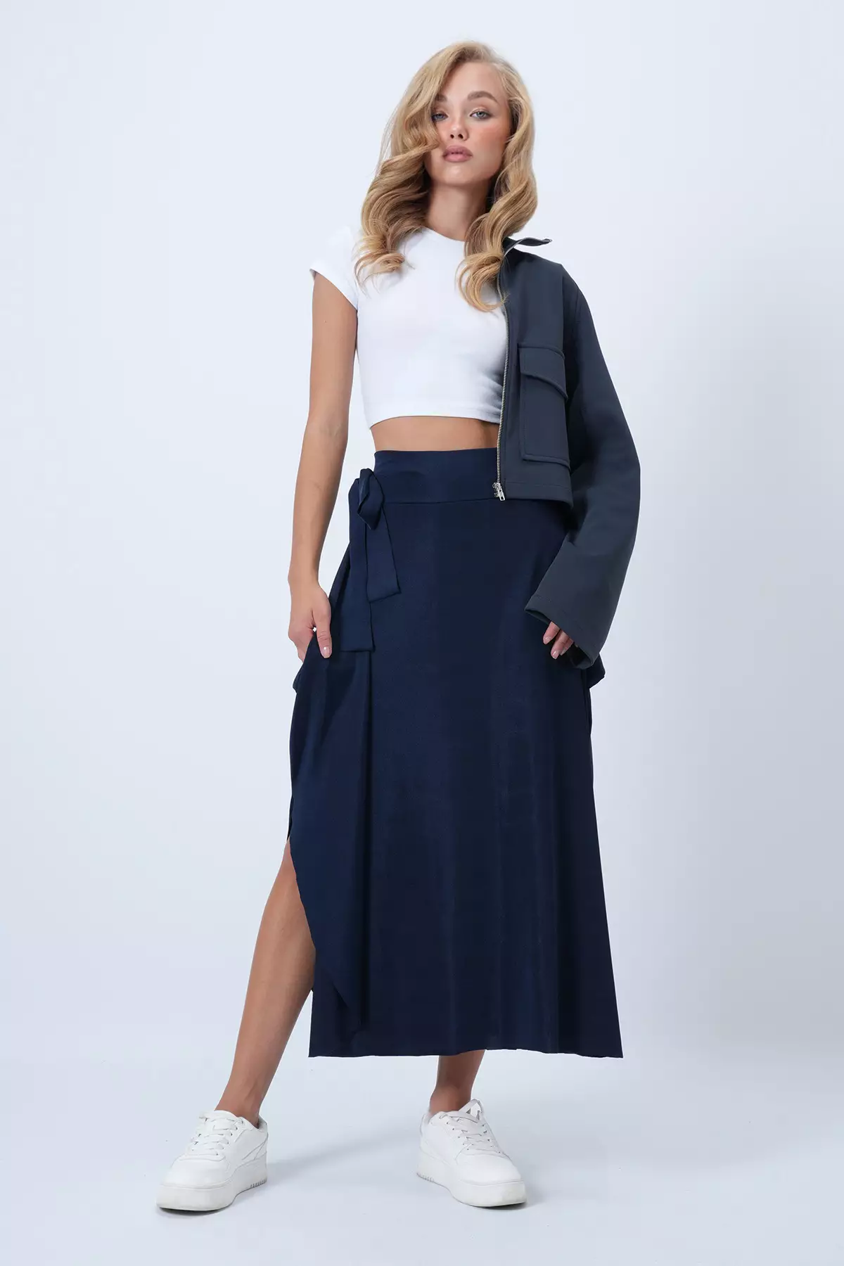 Women's Dark Navy Blue Asymmetrical Cut Tied Waist Skirt Alc-X5001