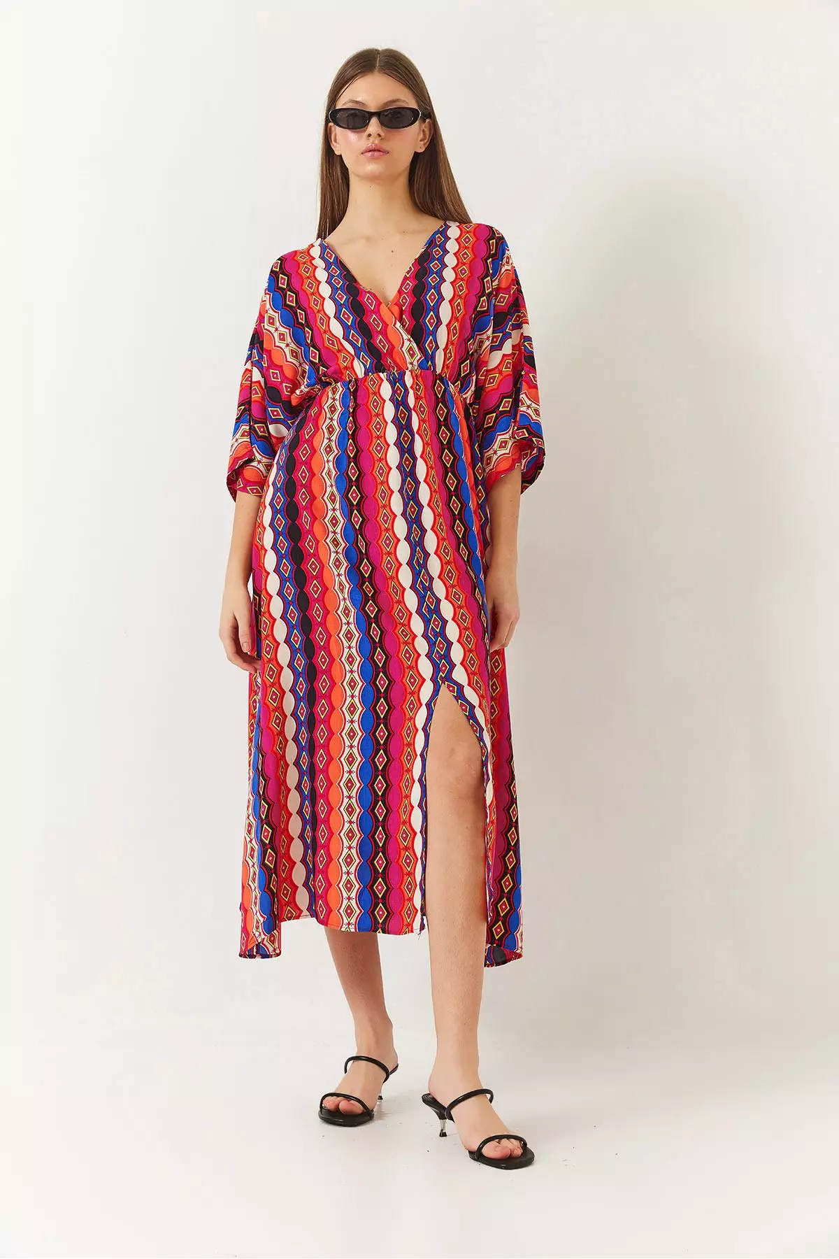 Women's Double Breasted V Neck Front Slit Detail Print Dress 60261411