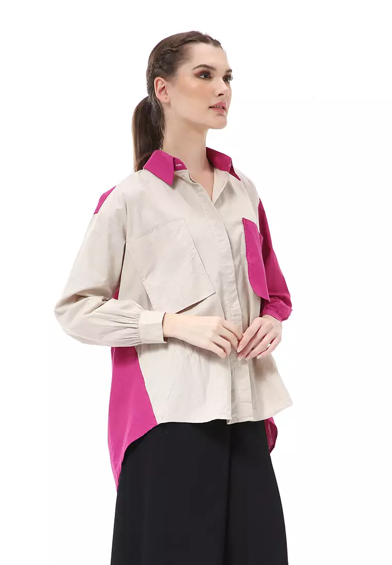 Brielle Atasan Wanita Kemeja Lengan Panjang Model Dua Warna Shirt Two Tone Material Cotton ORIGINAL - Beige Fuschia