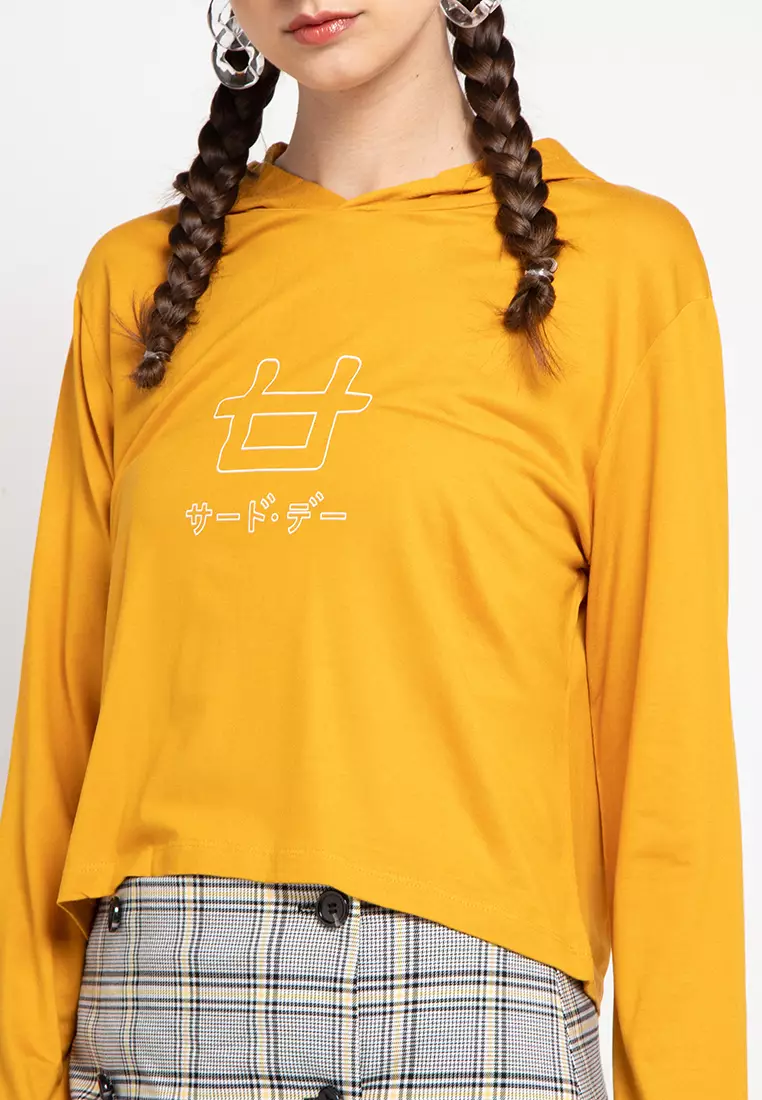 LTC29 Crop Top Hoodie Logo Outline Kuning Mustard Lengan Panjang