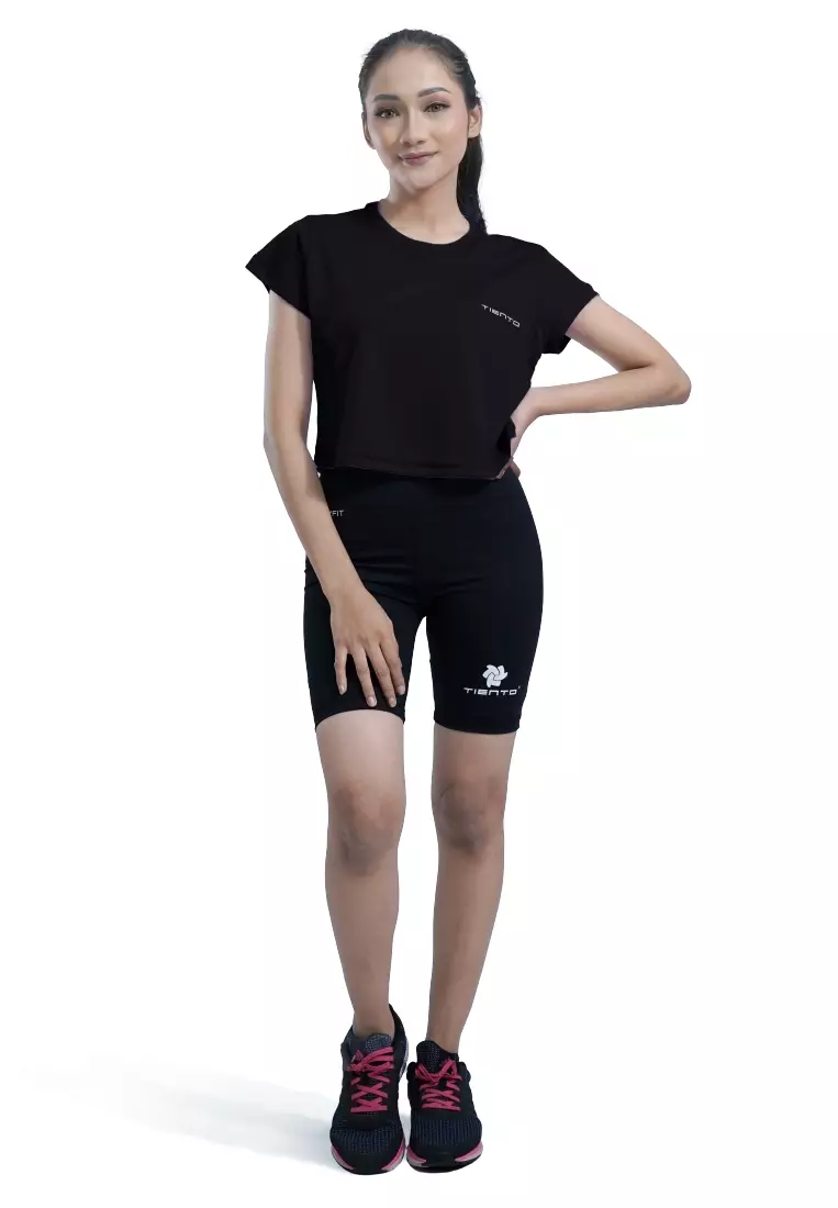 Tiento Baju Olahraga Wanita Crop Top Shirt Kaos Lengan Pendek Running Gym Lari Yoga Pound Fit