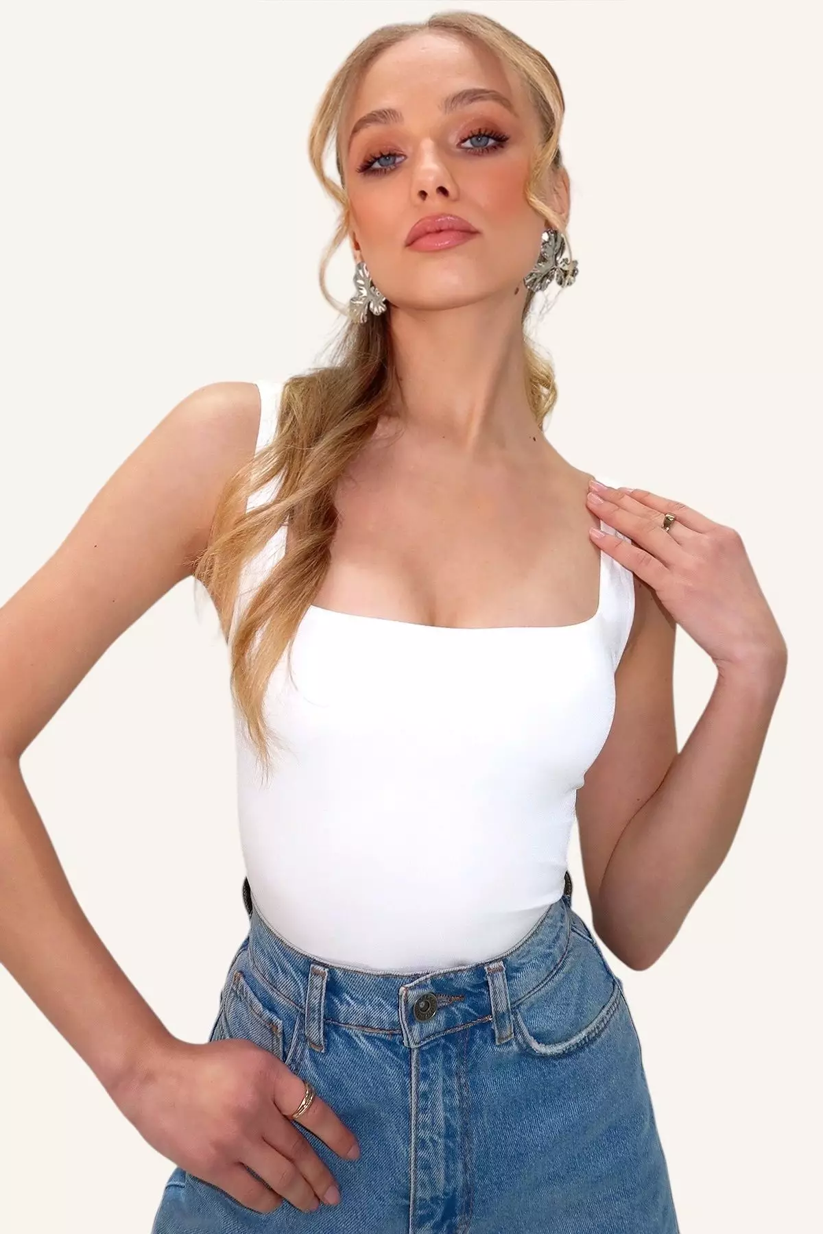 Women's White Square Neck Thin Strap Sandy Fabric Blouse