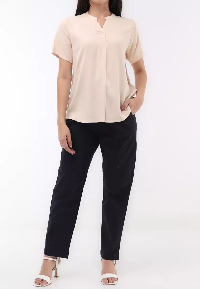 Plain Single Bold Twill Short Sleeve Blouse