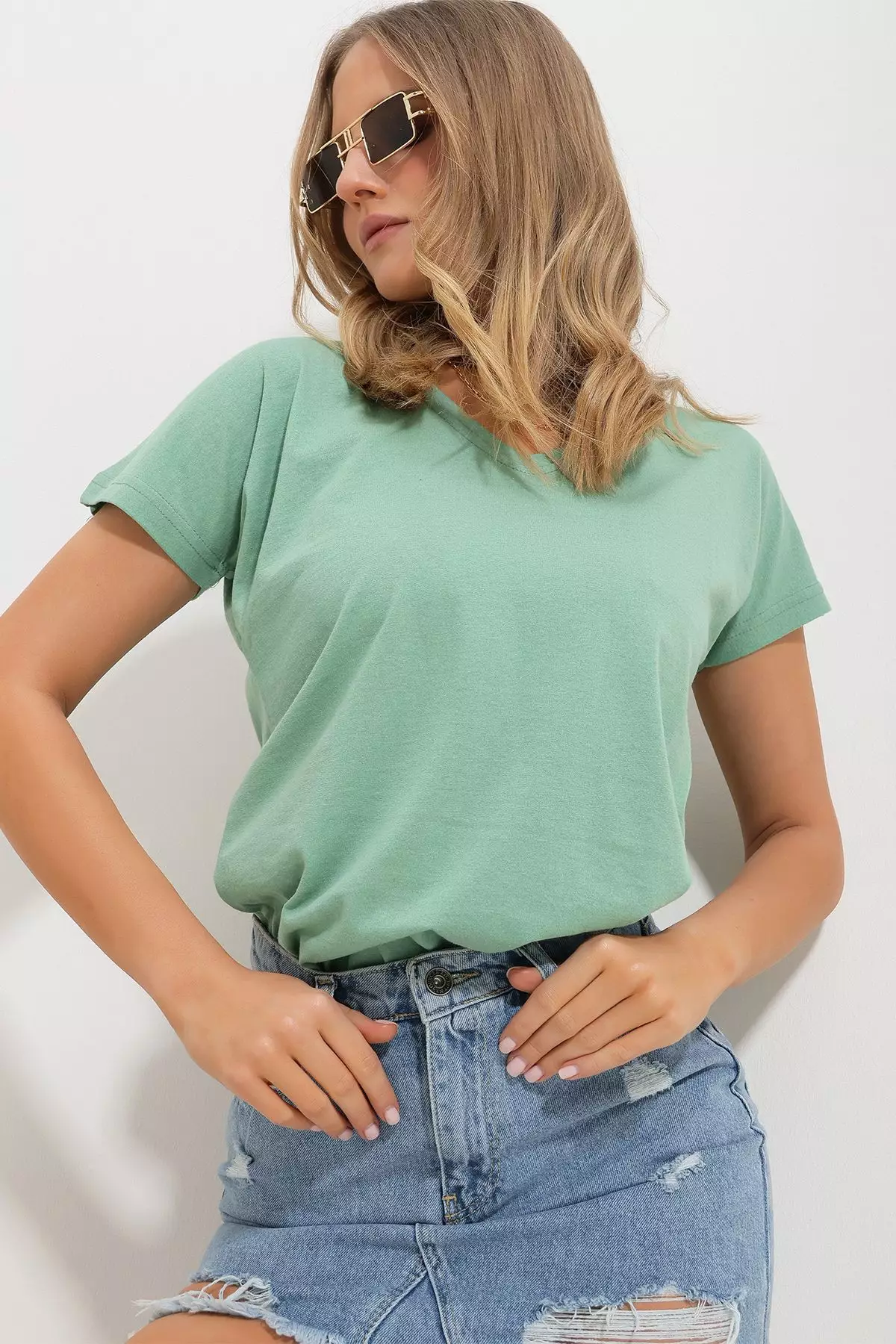 Women's Almond Green V-Neck Basic T-Shirt