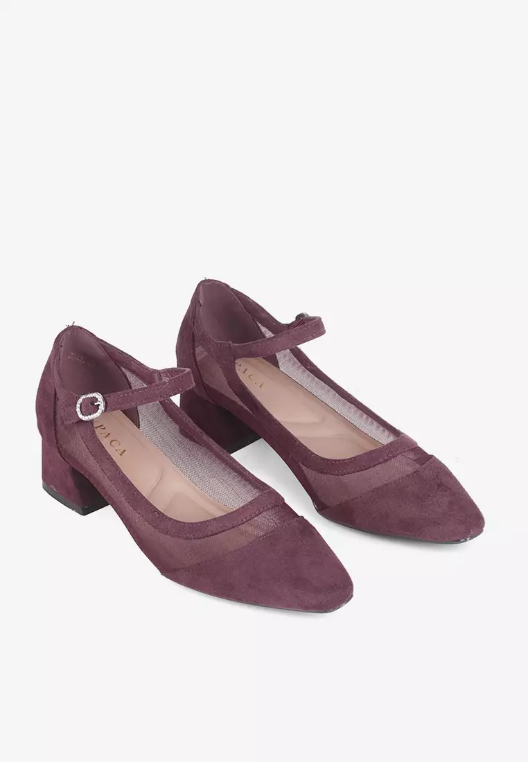 Elora Transparent Mesh Suede Block Heels Mary Jane in Maroon