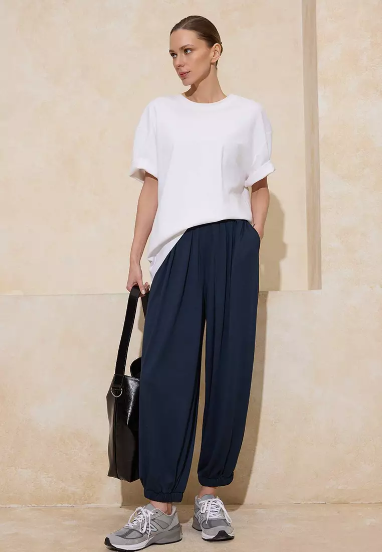 Anthracite Plain Carrot/Shalwar Ruched Regular Waist Piqué Knitted Trousers Twoss26Pl4