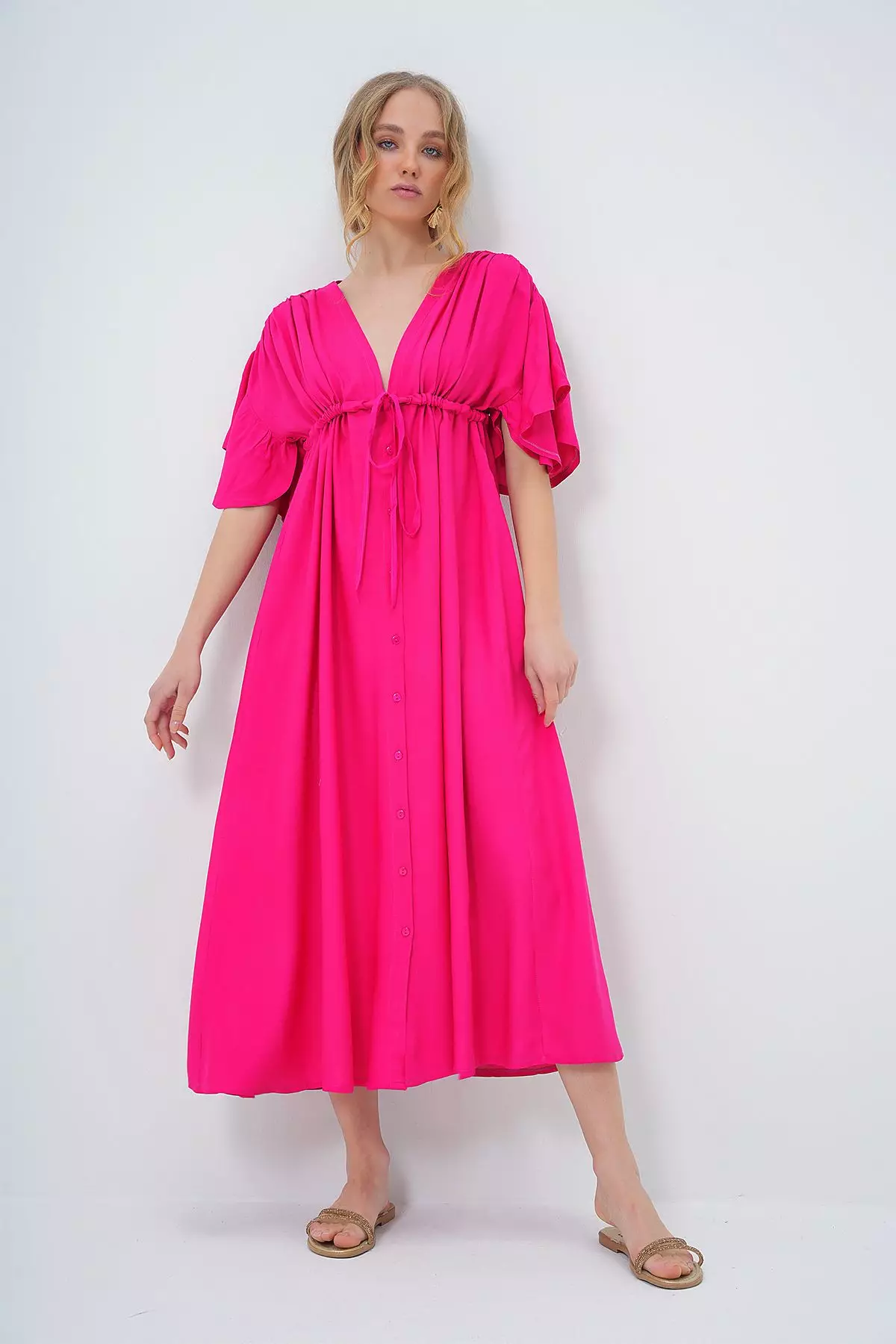 Women's Fuchsia V Neck Backless Tie Detail Front Buttoned Summer Poplin Dress