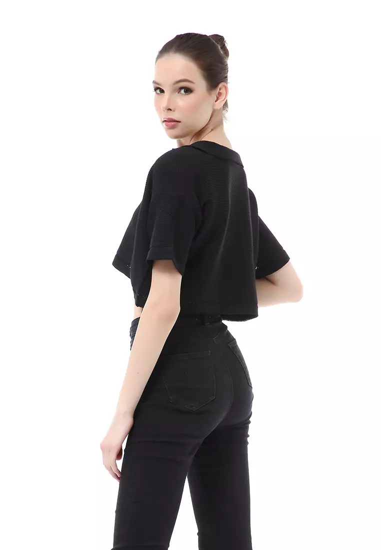Albertine Atasan Crop Wanita Lengan Pendek Blouse Vneck Motif Polos Material Rajut ORIGINAL - Black