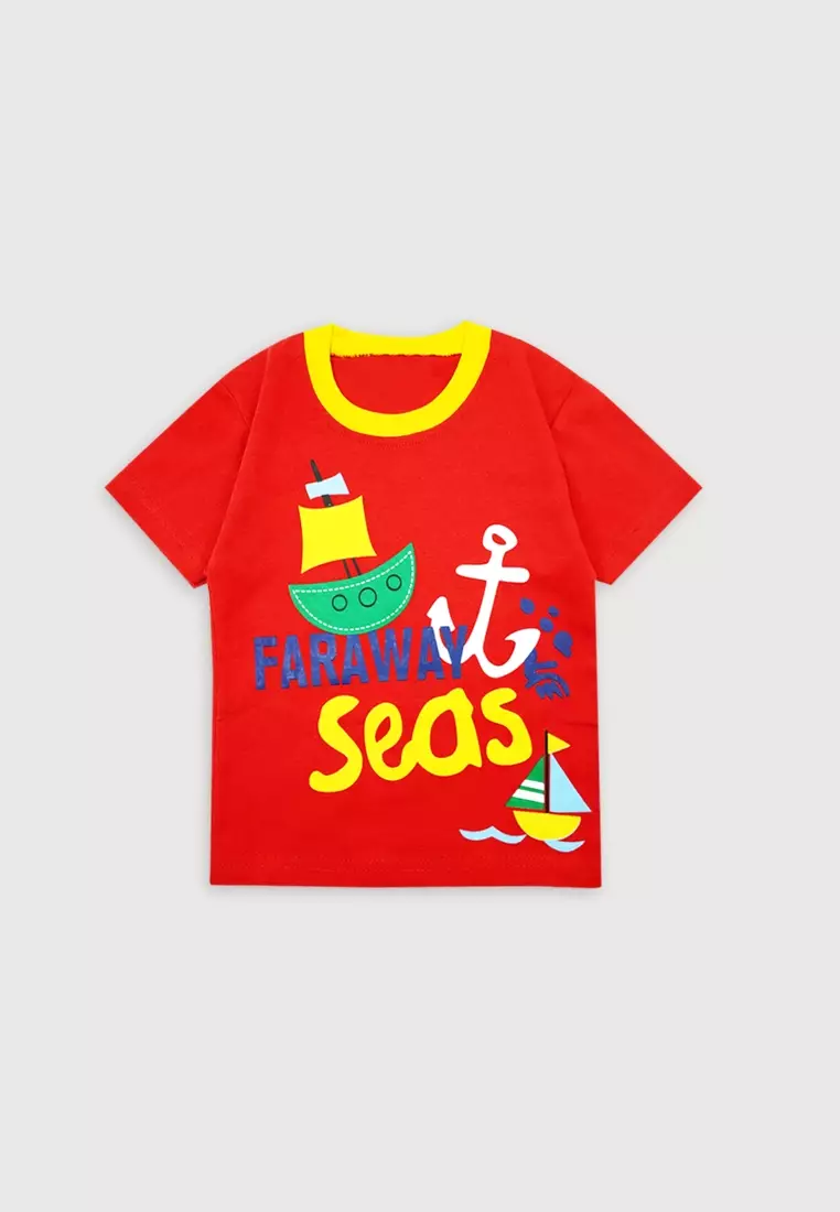 Wakakids Baju Lengan Pendek Bayi Anak Laki Laki Setelan Celana Kaos Faraway Sea 3332 Merah