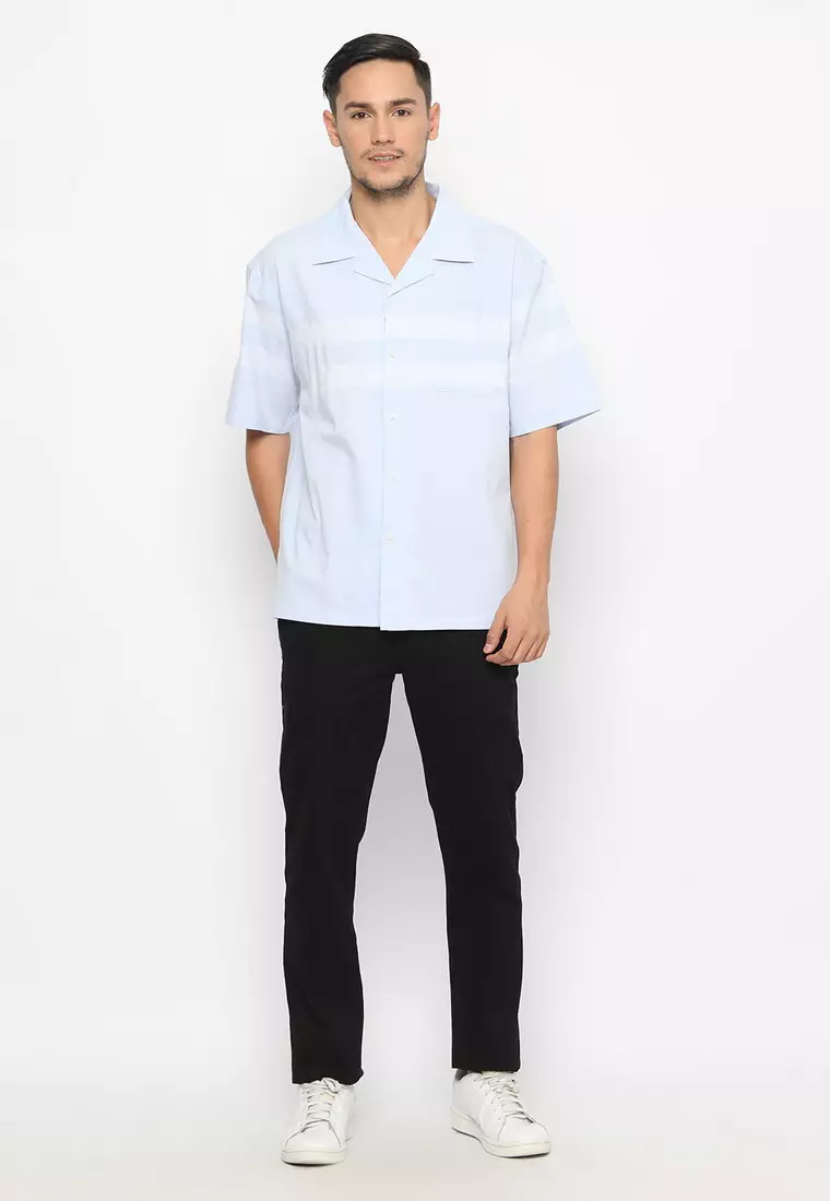 RBJ Kemeja Salur Yarndyed Krah Hawaii Biru Muda Regular Fit Pria