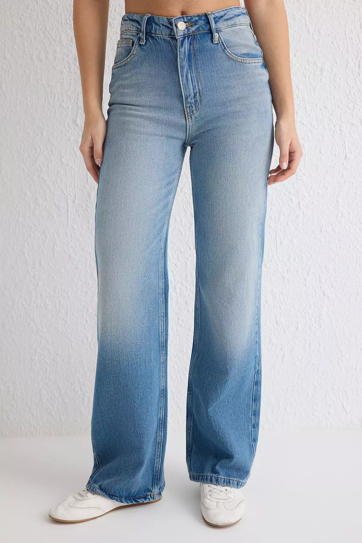 Blue Plain Wide Leg High Waist Denim Jeans