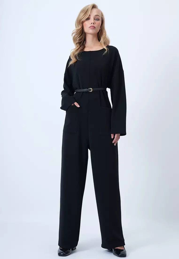 Crew Neck Back Zippered Relaxed Cut Jumpsuit