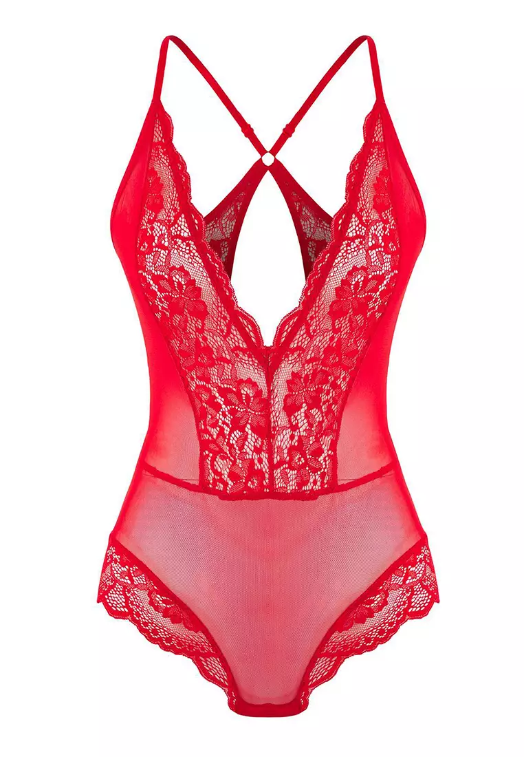 Red Tulle Lace Detailed Uncovered Knitted Bodysuit