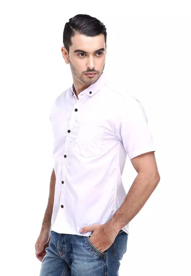 Dwan Casual Shirt Kemeja Polos Pria Lengan Pendek Kasual Formal Material Cotton ORIGINAL - White