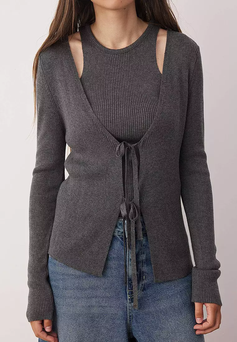 V-Neck Mercerized Cardigan and Knit Top Set