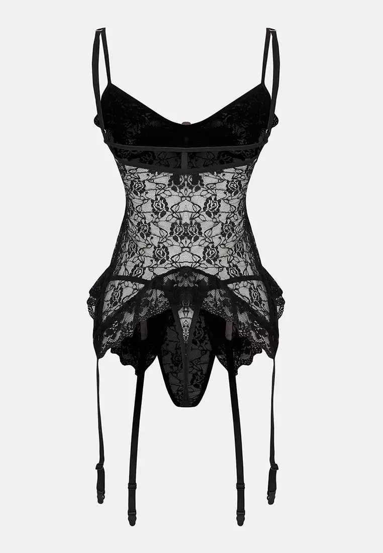 Black Garter Belted Capless Ruffled Panty Lace Strap Babydoll/Fantasy Nightgown