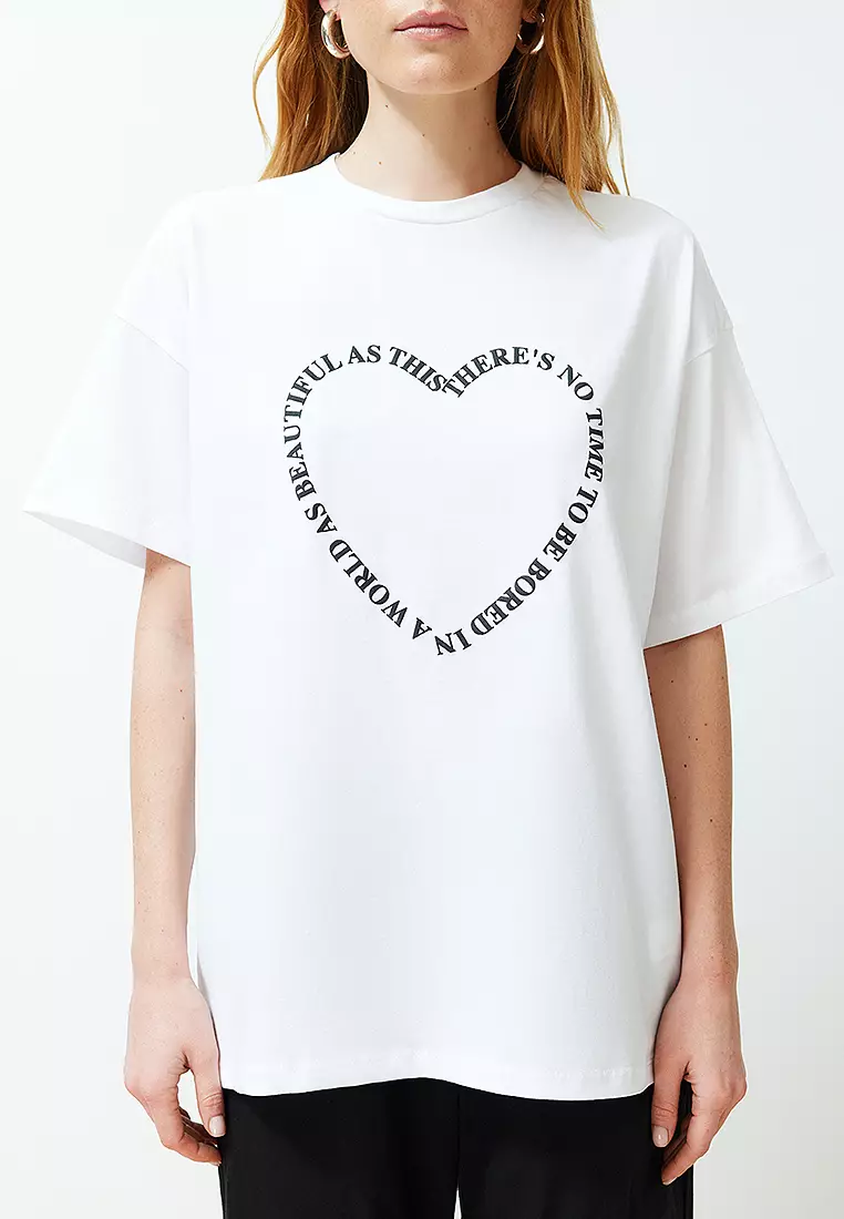 White Heart Motto Printed Oversize/Casual Fit Knitted T-Shirt