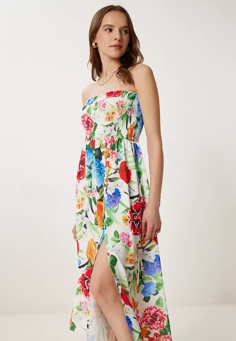 Women's Pink Bone Flower Pattern Strapless Woven Dress Jh00057