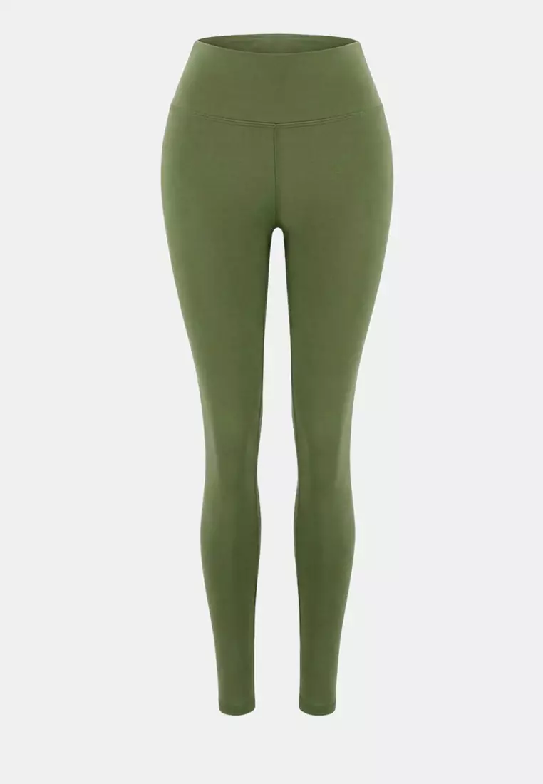 Light Khaki Soft Brushed Fabric Reflector Print Detailed Full Length Knitted Sports Leggings Thmaw25Ty2