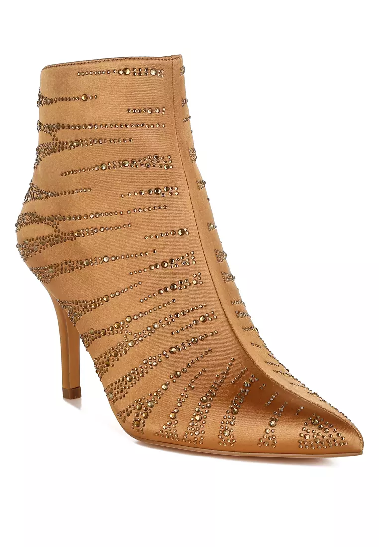 Sepatu Bot Pesta Satin Rhinestone Ankle Warna Coklat