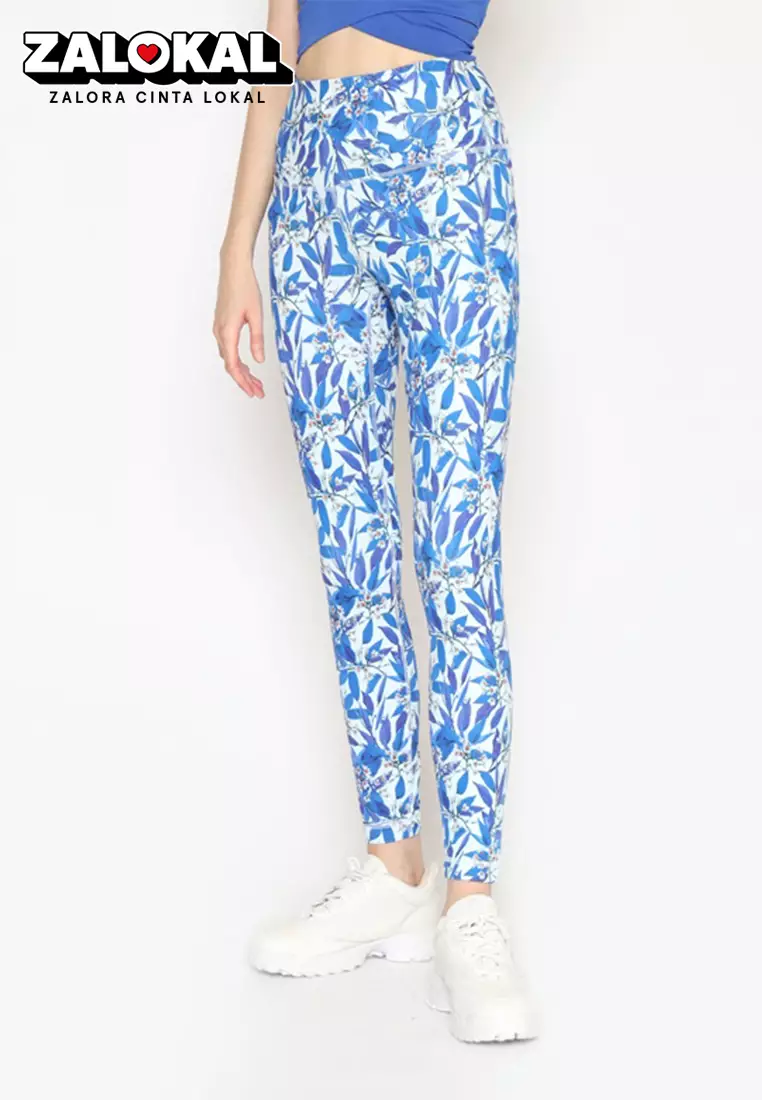 Fitwear - Legging Olahraga Wanita BRIGITTA PLAIN PRINTED - BLUE LEAVES
