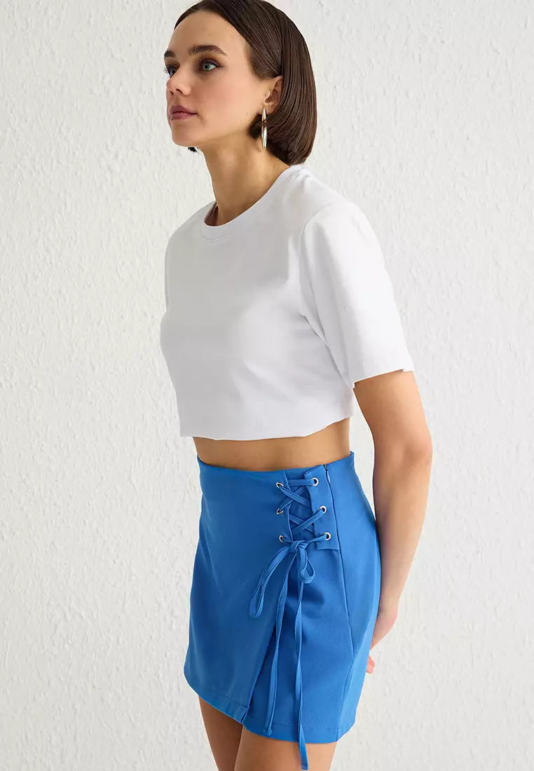 Dark Blue Tie And Eyelet Detail Woven Shorts Skirt